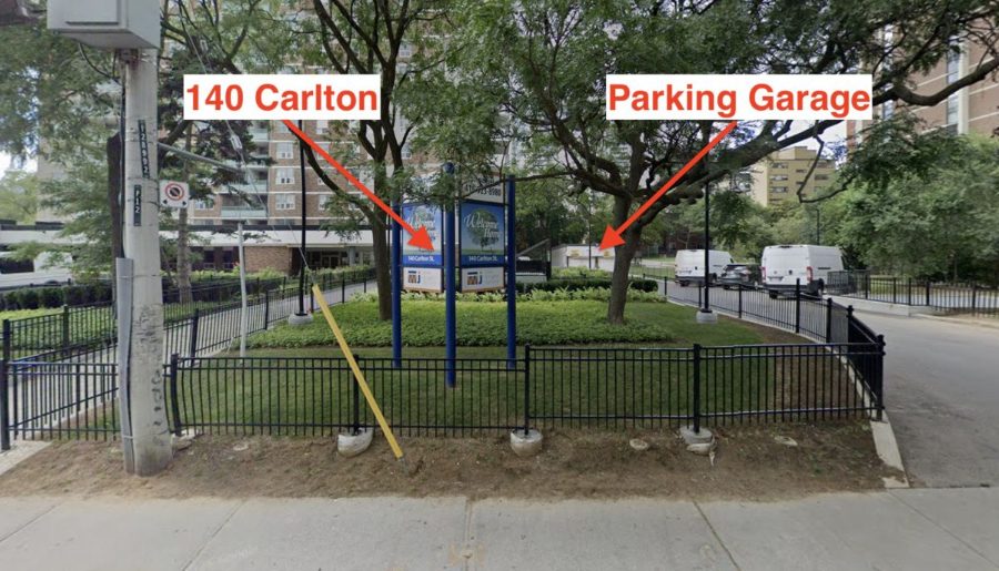 140 Carlton sign and the parking garage
