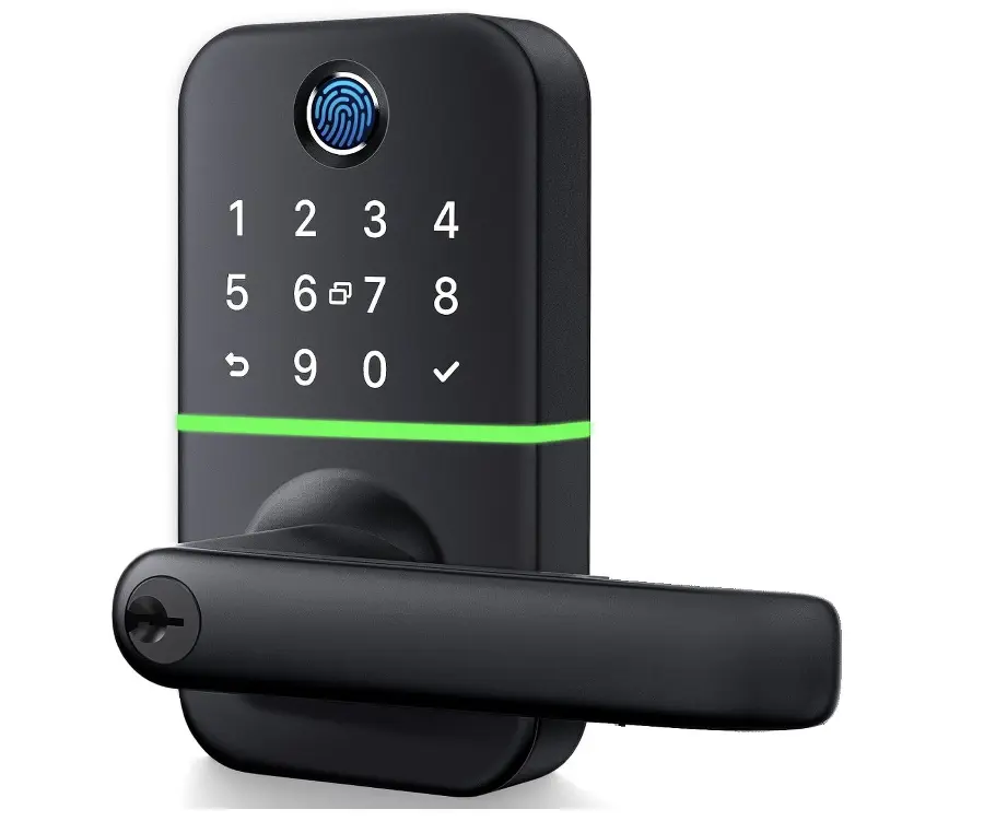 Smart lever lock. 1. Press the checkmark to wake the keypad. 2. Enter your code. 3. Press the checkmark to unlock. 4. To lock, press the checkmark (no code needed).