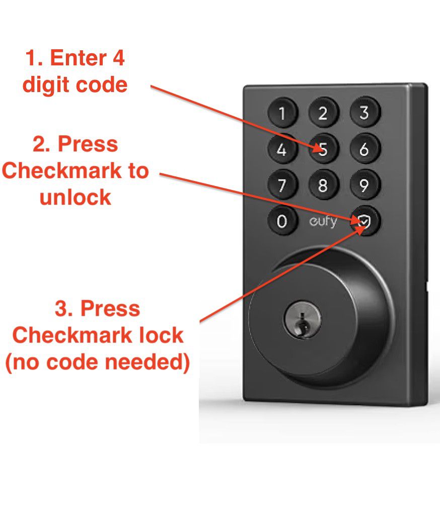 Keypad: 1. enter your code, 2. press the checkmark to unlock, 3. press the checkmark to lock
