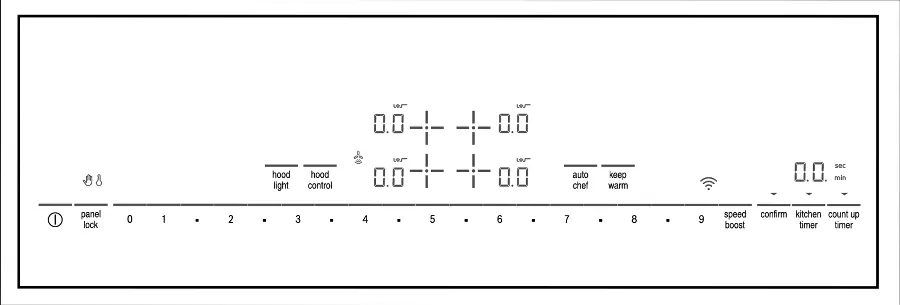 Cooktop touch controls: power button at the left, four cooking zones in the centre, and the temperature slider with numbers 0 to 9 along the bottom.