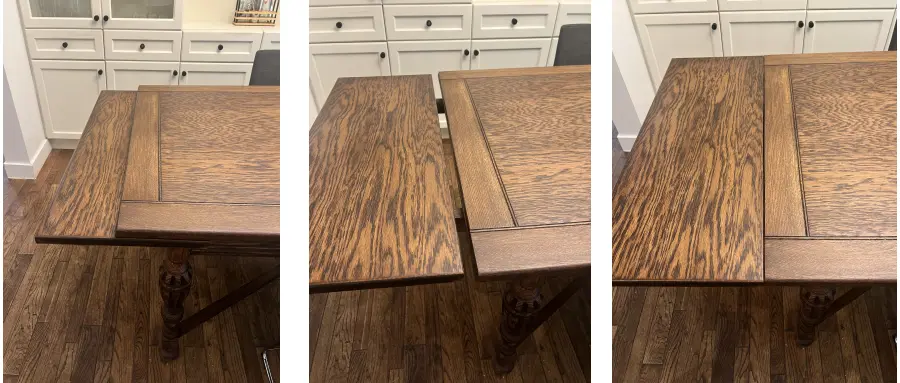 Three photos of the dining table being extended: pull the bottom out, lift the leaf until it is level, then push the sides together.
