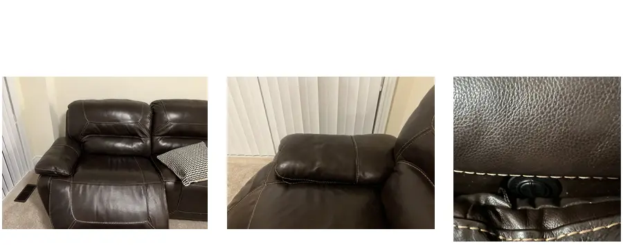 Three photos of the lounge chair: the whole chair, the arm rest, and a close-up of the footrest button inside the arm rest.