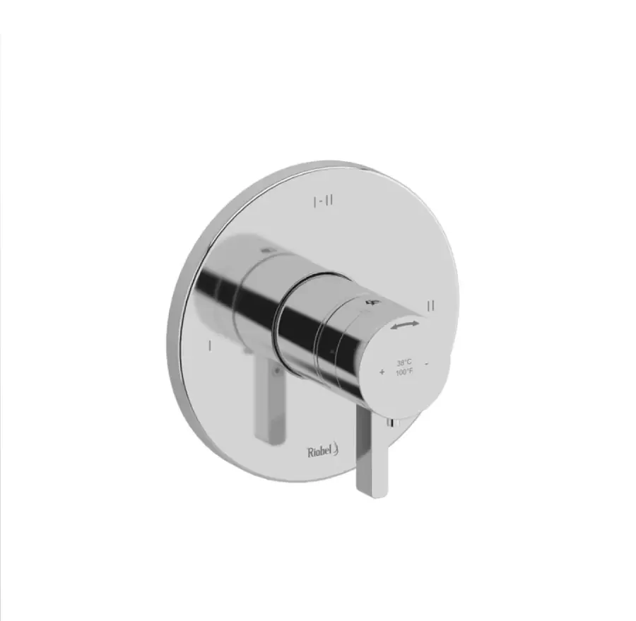 Left shower control: a large round dial and a small temperature dial on a chrome plate.