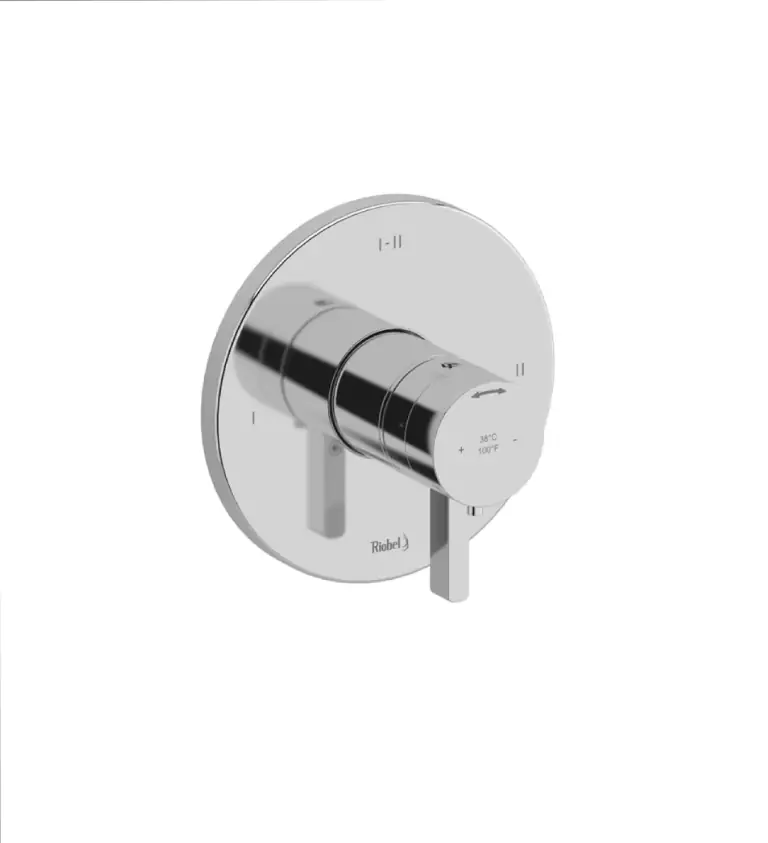 Right shower control: a large round dial and a small temperature dial on a chrome plate.