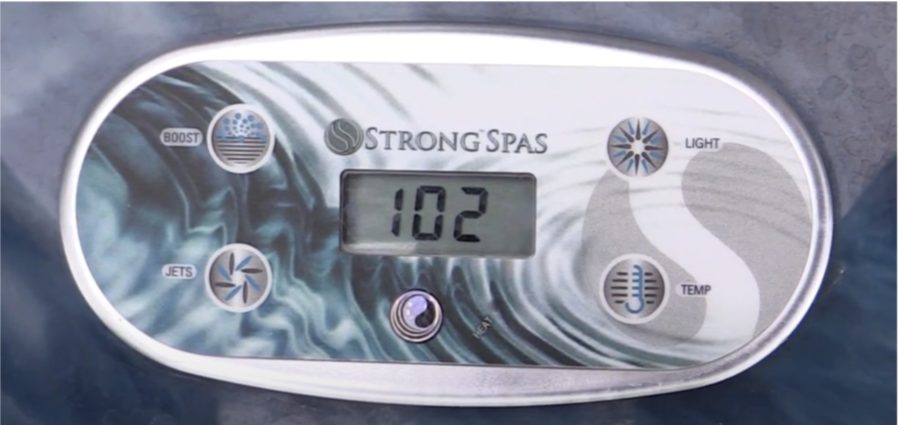 Hot tub control panel showing the temperature